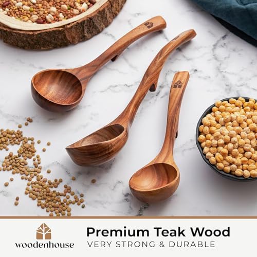 Wooden Ladle for Soup, 3 Size Teak Wood Ladle Spoon with Back Hooks