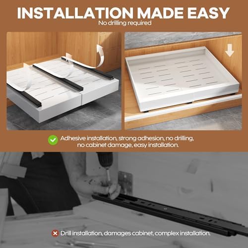 Seinloes 4 Pack Expandable Pull Out Cabinet Organizer 21"Deep With Raising Pad for Framed Cabinets,Upgrade 3 Slide Rails Slide Out Drawers,Roll Out Shelves Adhesive,Adjustable Width 15.15"-26.3" White