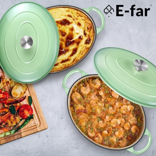 E-far 7QT Oval Dutch Oven Pot with Lid, Green Enameled Cast Iron Dutch Oven