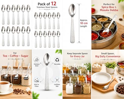 Stainless Steel TEA/COFFE AND Spice Box Spoons Set of 12 (Silver) (Small Tea spoon)