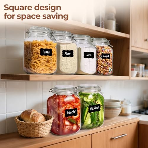ComSaf Large Square Glass Food Jars 1.1 Gallon 2 Pack for Flour Sugar Rice
