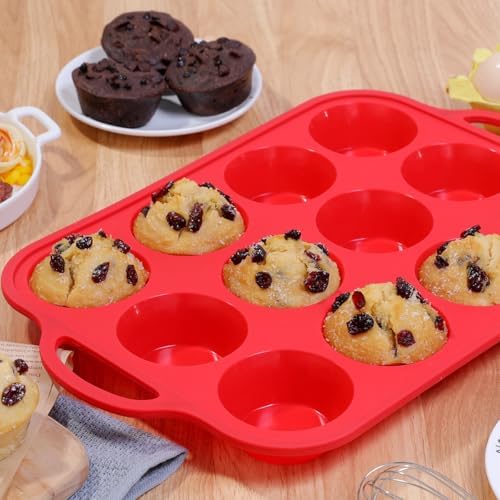 CAKETIME Silicone Muffin Pan with Metal Reinforced Frame Regular Size Muffin Pan with Handle Easy to Move 12 Cups for Baking Nonstick Muffin Tin BPA Free 1 Pack Red