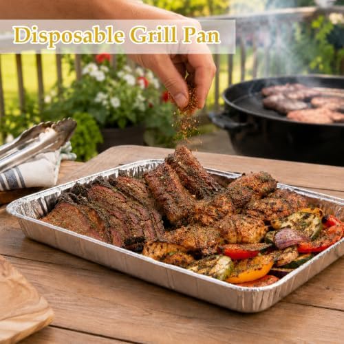 50 Pack Disposable Aluminum Broiler Pan 13 x 9 x 1 inch Disposable Grill Liner Pans, Foil Grill Tray for Outdoor BBQ