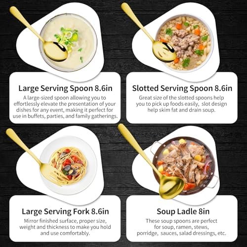 Gisly Gold 12 Pieces Serving Utensils Include Large Serving Spoons,Slotted Serving Spoons,Serving Forks,Serving Tongs,Appetizers Tongs,Soup Ladle and Pie Cake Server for Buffet Catering
