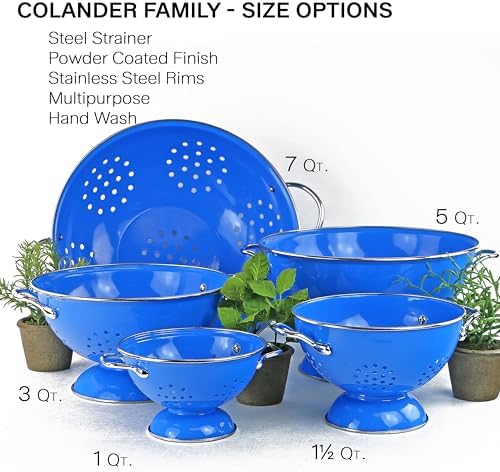 Reston Lloyd, 3 Quart Powder Coated Steel Kitchen Strainer Basket for draining Pasta, Vegetable and Fruit, Chrome Handles and Wide Stable Base, Azure