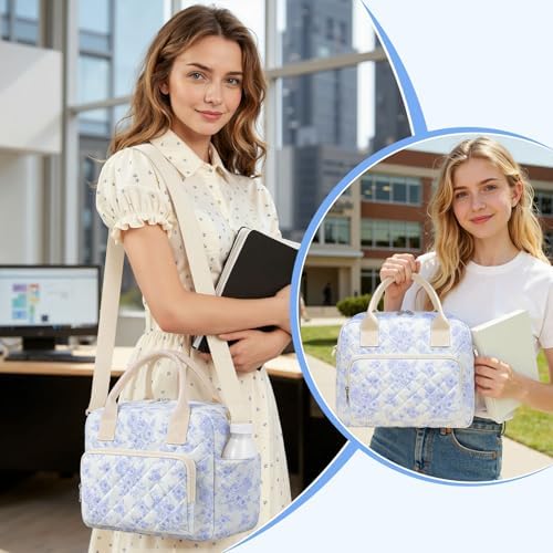 WOBAGMEN Quilted Lunch Box for Women,Large Floral Insulated Lunch Bag with Multiple Pockets,Adjustable Strap,Reusable Lunch Tote Box for Work Picnic Travel (Elegant Blue Floral, M)