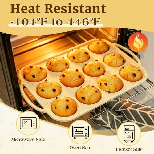 CAKETIME Silicone Muffin Pan, Metal Reinforced Frame Regular Size 2.8 Inch Cupcake Pan with Handle 12 Cups Nonstick Muffin Tray for Baking BPA Free 2 Pack