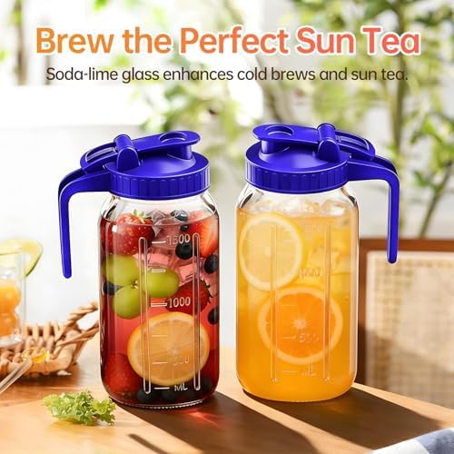 64oz Glass Pitcher with Lid & Spout – 2 Quart Mason Jars, Airtight & Leakproof Breastmilk Pitcher for Cold Brew Coffee, Sun Tea, Water, Juice – Wide Mouth, Fridge Safe