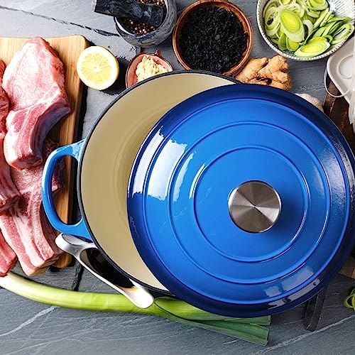 6 Quart Dutch Oven Enameled Cast Iron with Lid - Big Dual Handles - Oven Safe up to 500°F - Classic Round Pot for Versatile Cooking (Blue, 6 QT)