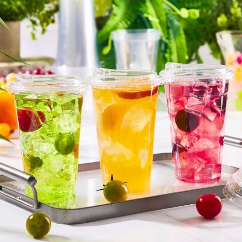 BYSNOW 100 Pack 20 oz Clear Plastic Cups with Sip Lids, Iced Coffee Cups