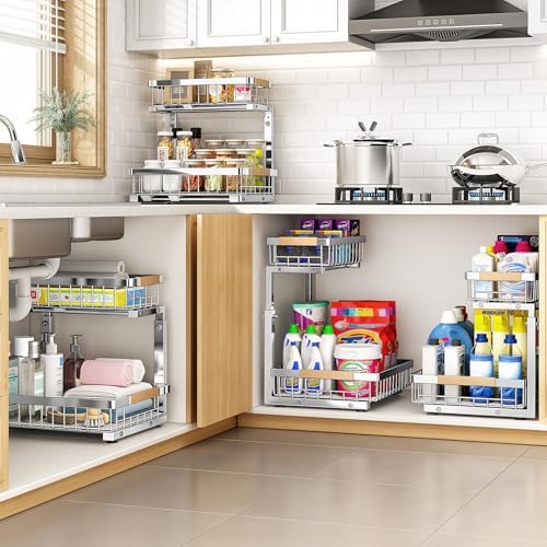 PXRACK Under Sink Organizer, Adjustable Height, 2 Tier Pull Out Cabinet Organizer, Slide Out Thickened Metal Storage for Kitchen Bathroom Laundry Pantry Cabinet, Stainless Steel, Silver, Large-1-Pack