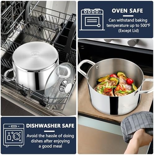 P&P CHEF 6 Quart Tri-Ply Stainless Steel Stock Pot, Cooking Pot with Lid