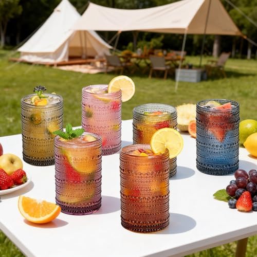 GGOLDMER Colored Hobnail Drinking Glasses Set of 6, 12oz Vintage Highball Glasses, Kitchen Glassware, Beaded Glass Cups for Iced Coffee, Cocktail, Beer, Juice, Cocktail, Whiskey, Milk