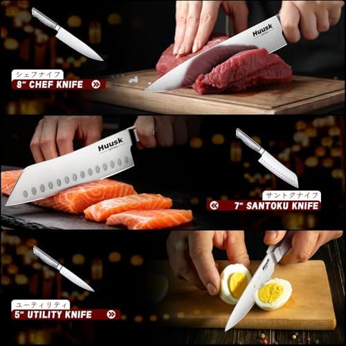 Huusk Chef Knife Set of 3, Japanese Stainless Knife Set Dishwasher Safe