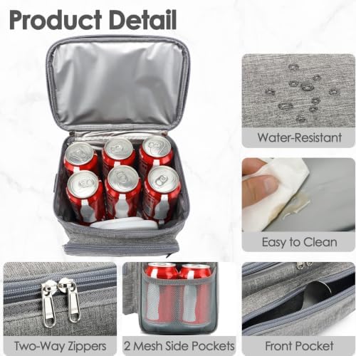 FlowFly Insulated Reusable Lunch Bag Adult Large Lunch Box for Women and Men with Adjustable Shoulder Strap,Front Zipper Pocket and Dual Large Mesh Side Pockets,Grey