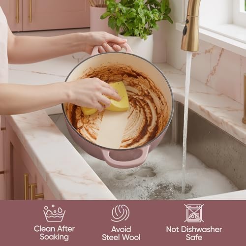 Vintage Style 4.5 Quart Dutch Oven Pot with Lid, Non Stick Enameled Cast Iron Dutch Oven for Bread Baking, Heavy-Duty, Oven Safe Ceramic Cookware Up to 500°F for Baking, Braising, Stews, Roasting, Pink