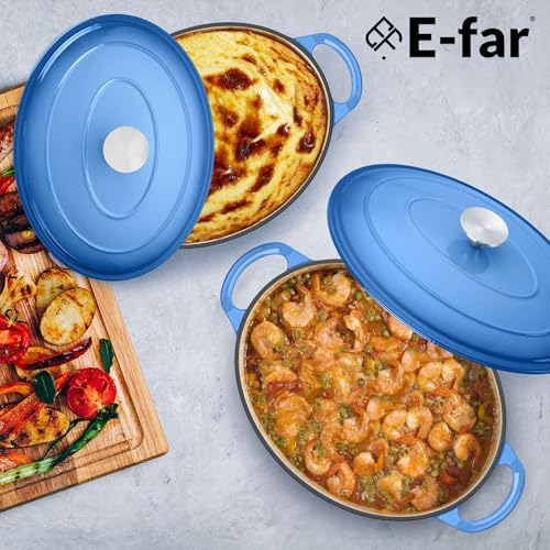 E-far 7QT Oval Dutch Oven Pot with Lid, Blue Enameled Cast Iron Dutch Oven