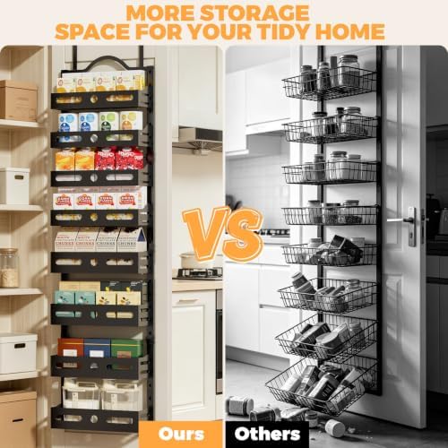 8-Tier Pantry Door Organizer, 2 IN 1 Wall Mount or Over The Door Pantry Organizer, Door Spice Rack with Adjustable Baskets, Over Door Organizer for Kitchen (12.4"W x 5.5"D x 66.1"H,1 Pack, Black)