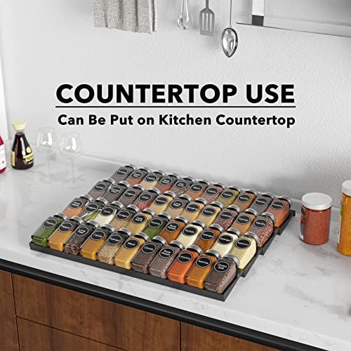 SpaceAid Spice Drawer Organizer with 44 Spice Jars, 386 Spice Labels, 4 Tier Seasoning Rack Tray Insert for Kitchen Drawers, 20.25" Wide x 17.5" Deep