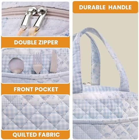 WOBAGMEN Quilted Lunch Box for Women,Coquette Aesthetic Lunch Box for Teen Girls,Cute Floral Lunch Bags for Work, School,Office,Picnic,Travel (green blue pin)