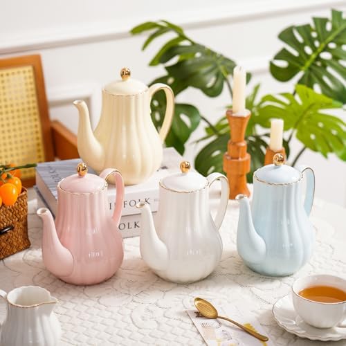 Agyiuns Tea Pot, Porcelain Teapot 37oz,tea pots for tea party,Tea Infuser Pots for Blooming loose Leaf Tea(White)