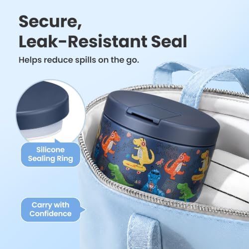 Pawtong 12oz Insulated Vacuum Food Jar with Buckle Lid Wide Mouth Soup Thermo for Hot Food Kids Leakproof Stainless Steel Lunch Container (Blue-Dinosaur)