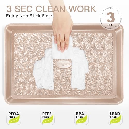 HONGBAKE Nonstick Baking Sheet Pan Set of 3, Cookie Sheets for Oven, Non-Toxic Half/Quarter/Jelly Roll Pans with Floral Swirl Texture, Heavy Duty 0.8mm Thick Oven Trays for Cooking, Champagne Gold