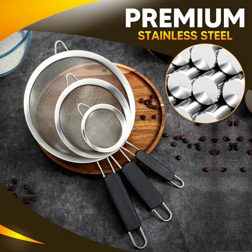 Set of 3 Fine Mesh Strainers for Kitchen | 3.4 inch, 5.5 inch and 7.9 inch Stainless Steel Strainer