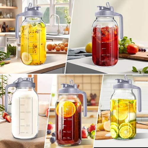 64oz Glass Pitcher with Lid, 2 Quart Mason Jar Pitchers with Lid and Spout, Wide Mouth Breast Milk Pitcher Glass Jug Sun Tea Pitchers, Cold Brew Coffee pitcher, Fridge Container for Water, Juice, Tea