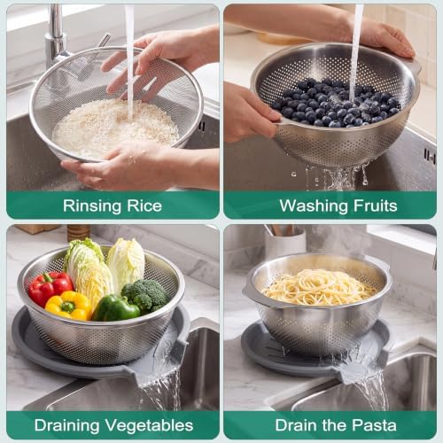 Stainless Steel Colander Set with Self-Draining Base for Edge of Sink