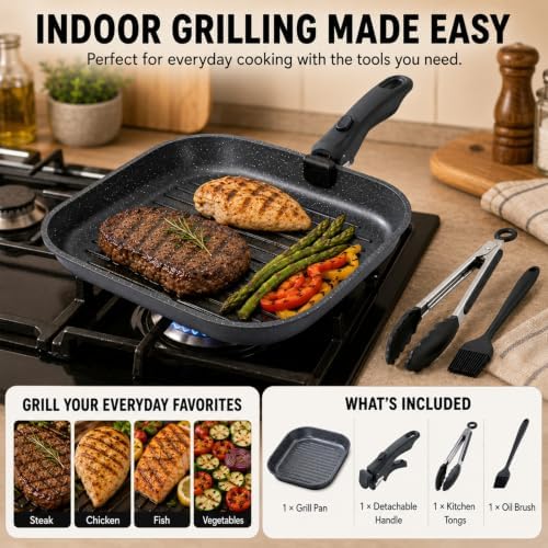 Stove Top Grill Pan, 10.8-Inch Square Pan for Steak, Detachable Handle