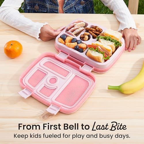 Bentgo Kids Bento-Style 5-Compartment Leak-Proof Lunch Box - Just-Right Portions Ages 3-7, Durable, Drop-Proof, Dishwasher Safe, PFAS & BPA-Free & Made with Food-Safe Materials (Petal Pink Glitter)