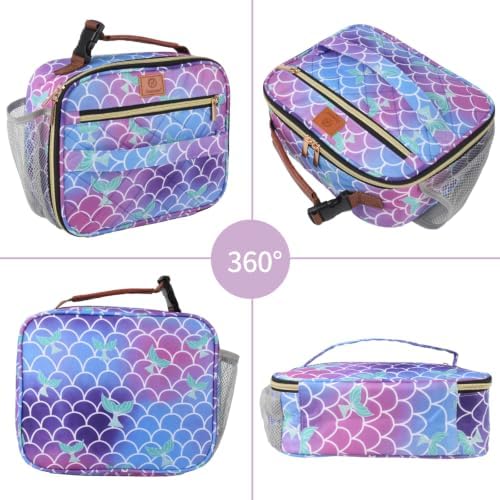 Genteen Lunch Box for Kids, Boys - Insulated Small LunchBox Reusable, Zip Closure & Buckle Handle, Portable Cooler for Work, School, Travel (Mermaid)