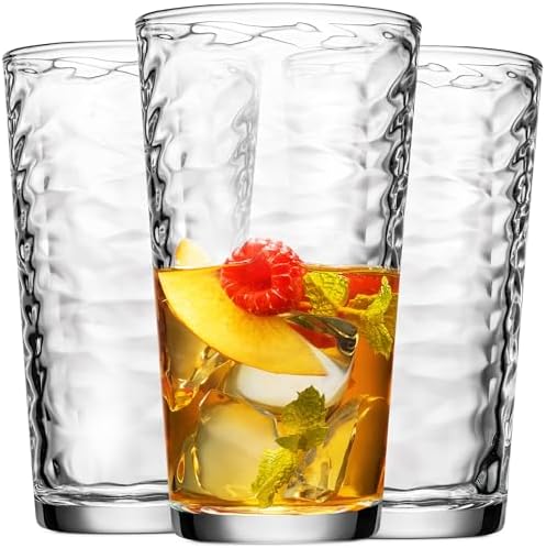 Glaver's Hammered Glass Cups. Cocktail Drinking Glasses Set of 6 Tall Kitchen Glasses, 17 oz Water Glassware For Bar, Juice, Beer, Iced Tea, Everyday Cordial Glasses Drinkware.