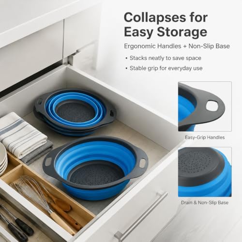 Collapsible Colander Set, 3 Pack Silicone Kitchen Strainer Set, Space Saving Design, Small Round Colander Baskets for Draining Pasta, Vegetable and fruit, (2Qt+3Qt+5Qt)