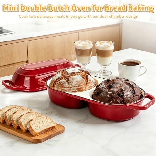 Mini Double Dutch Oven For Sourdough Bread Baking, 2.2QT Enameled Cast Iron