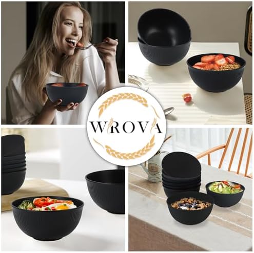 Wrova Wheat Straw Bowls Set of 8, Black Plastic Bowls Reusable 26 OZ