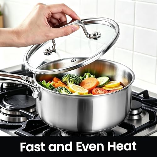 Cooker King 3QT Stainless Steel Saucepan with Tempered Glass Lid, Metal Utensils Safe, No Coating (PFAS/PFOA/PTFE Free), Dishwasher-Friendly, Oven-Safe Up to 900°F, Induction Ready