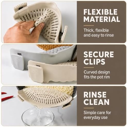 Silicone Pot Strainer, Emptycolor Adjustable Clip On Strainer for Pots Pans, Heat Resistant Pot Drainer, Kitchen Pasta Colander for Vegetables and Noodles (Light Tan)