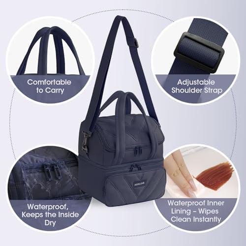 Double Decker Lunch Bag Women Men With Cup Holder, Navy Blue