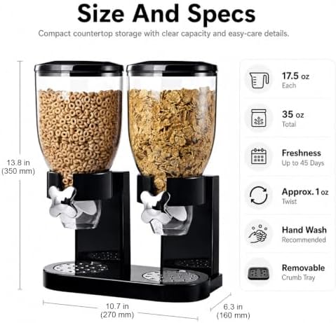 QWORK Double Dry Food Dispenser, 17.5Oz Capacity Each, Dry Cereal Grain Dispenser, Keeps Ingredients Fresh