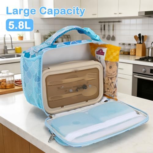 FlowFly Kids Lunch box with buckle Insulated Cooler Back to School Thermal Meal Tote Kit for Girls, Boys (Mermaid)