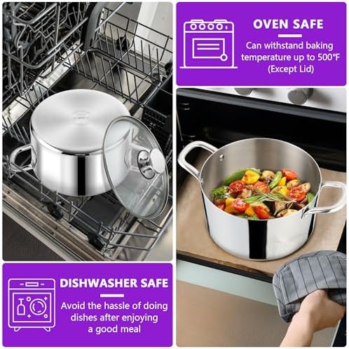 P&P CHEF 5 Quart Tri-Ply Stainless Steel Stock Pot, Cooking Pot with Lid
