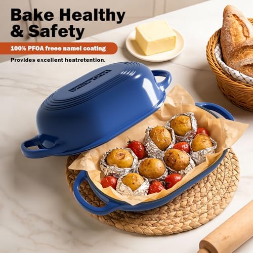 Enameled Cast Iron Dutch Oven for Bread Baking - incl. Sourdough Bread-Baking Supplies like Banneton Bread-Proofing Basket - 5QT Loaf Cast Iron Bread Oven Pan with Lid Meatloaf Pan with Lid, Sour Sough Tools, Lame(Blue)