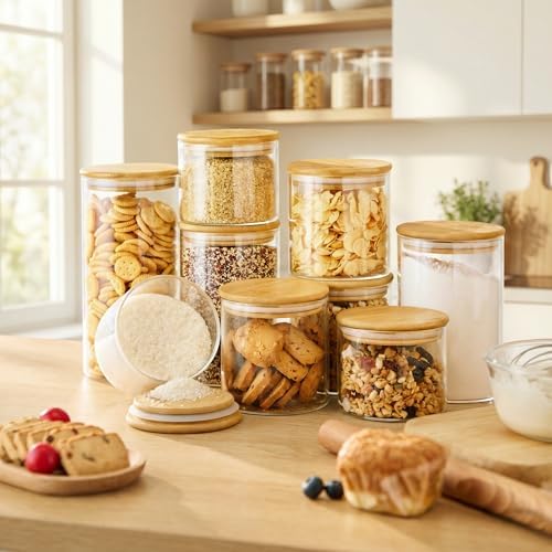 53 oz Round Glass Food Storage Containers with Airtight Bamboo Lids, 4 Pack