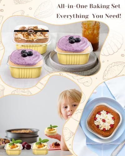 YQER 60 Pack 10oz Mini Cake Pans with Lids, Spoons, Stickers - Disposable Square Brownie Baking Cups - Individual Small Aluminum Foil Loaf Tins for Muffin, Ramekins, Cupcake - Catering, Gift, Gold