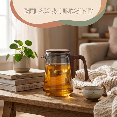 25oz Magnetic Glass Teapot with Removable Infuser, Borosilicate Glass Tea Kettle with Walnut Wood Handle, Loose Leaf Tea Pot for Home Office, Ideal Gift for Tea Lovers