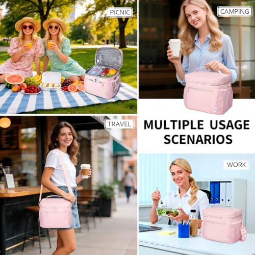 NOL Insulated Lunch Bag for Women Men Adults, Reusable Lunch Tote with Adjustable Shoulder Strap, Leakproof Thermal Food Cooler Bag with Front Pocket and Side Mesh Pockets for Work Travel, Pink