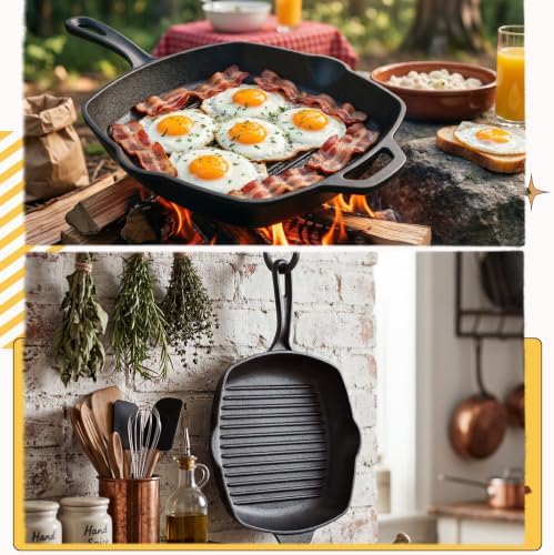 12 Inch Cast Iron Square Grill Pan, Seasoned Flat Skillets with Ring Handle, Cast Iron Square Grill Pan for Stove Top, Stylishly Designed & Heat Resistant for Kitchen Cooking