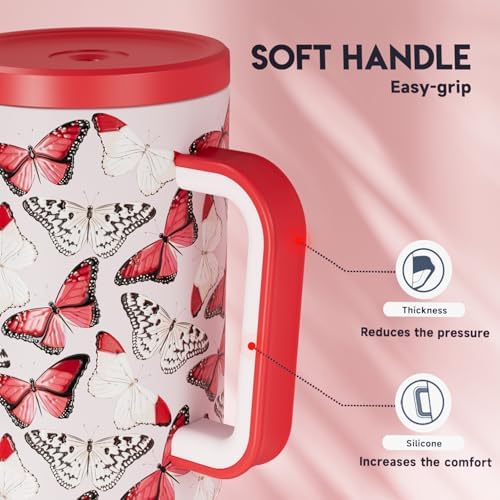 Meoky 40 oz Tumbler with Handle and Straw: Stainless Steel Insulated Tumbler with Lid and Straw - 100% Leak Proof Tumbler for Car Cup Holders - Travelers Commuters Workers, Red Butterfly